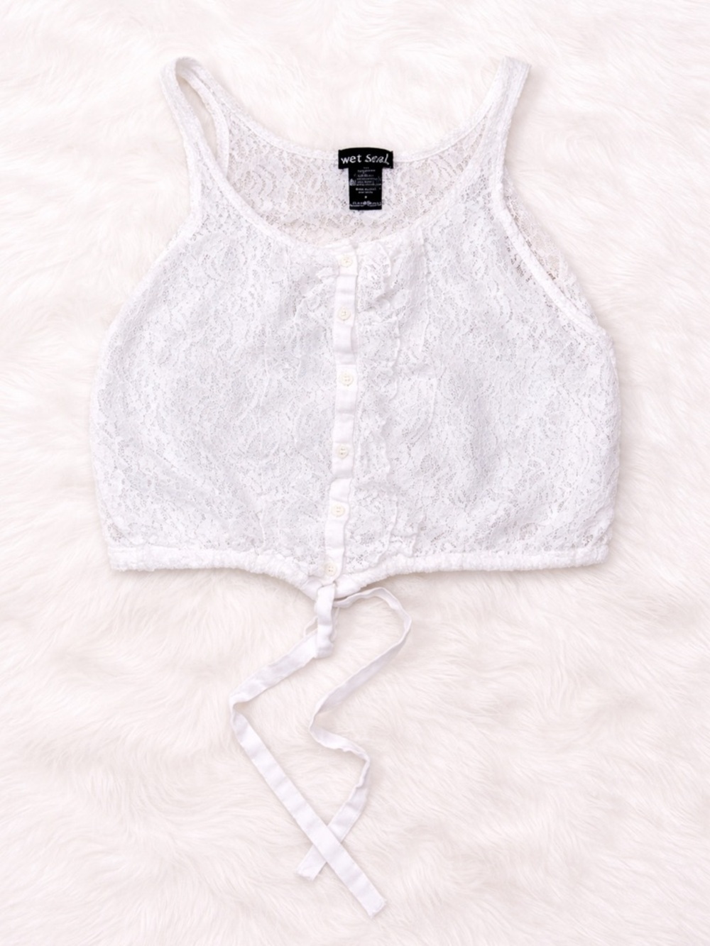 Wet Seal White Lace Crop Top Small Y2K Coquette Fairycore Ruffle Button Front